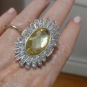 Yellow Faceted Statement Ring Comfort Stretch Silvertone Sz 7-9